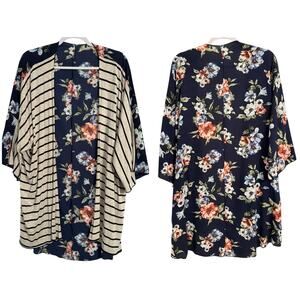 Women's Plus 1X Cottagecore Boho Floral Striped Open Front Oversized Soft Kimono